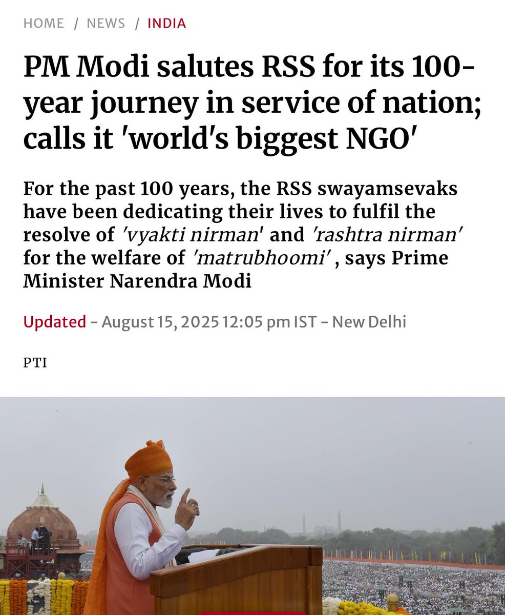 Siddaramaiah (@siddaramaiah) on Twitter photo On his Independence Day speech from the Red Fort, Prime Minister <a href="/narendramodi/">Narendra Modi</a> called the Rashtriya Swayamsevak Sangh (RSS) the world’s biggest NGO. Let’s be clear: it is not an NGO; it is the world’s biggest for-political profit, for-hate, and most divisive organisation - On his Independence Day speech from the Red Fort, Prime Minister <a href="/narendramodi/">Narendra Modi</a> called the Rashtriya Swayamsevak Sangh (RSS) the world’s biggest NGO. Let’s be clear: it is not an NGO; it is the world’s biggest for-political profit, for-hate, and most divisive organisation -