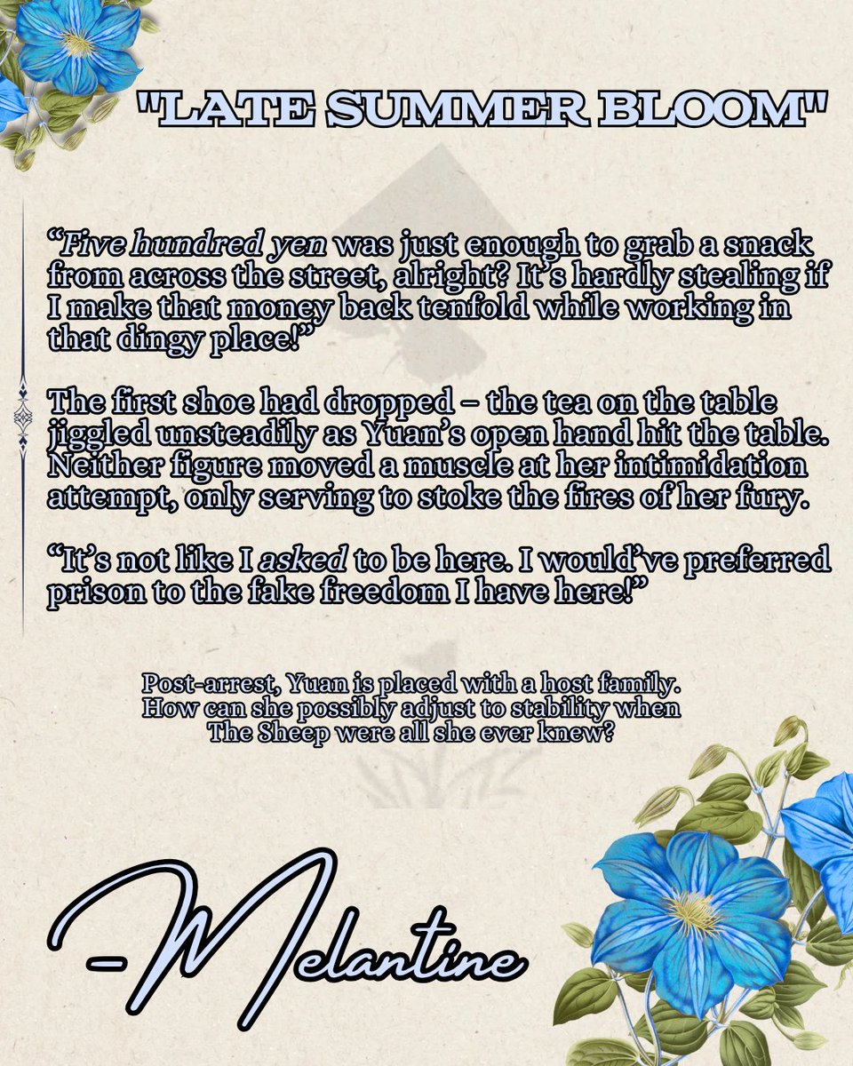 【Fanfiction】

💋🍑 "Late Summer Bloom" 🍑💋

Written for <a href="/literaryladiesZ/">Literary Ladies - a Genderswap BSD Zine</a> zine! Thank you for having me!

• Yuan-centric
• Post-Fifteen + STBR
• Yuan's journey to self-acceptance in her new living situation with her host family
• Featuring an old friend ♡

🔗 below!
