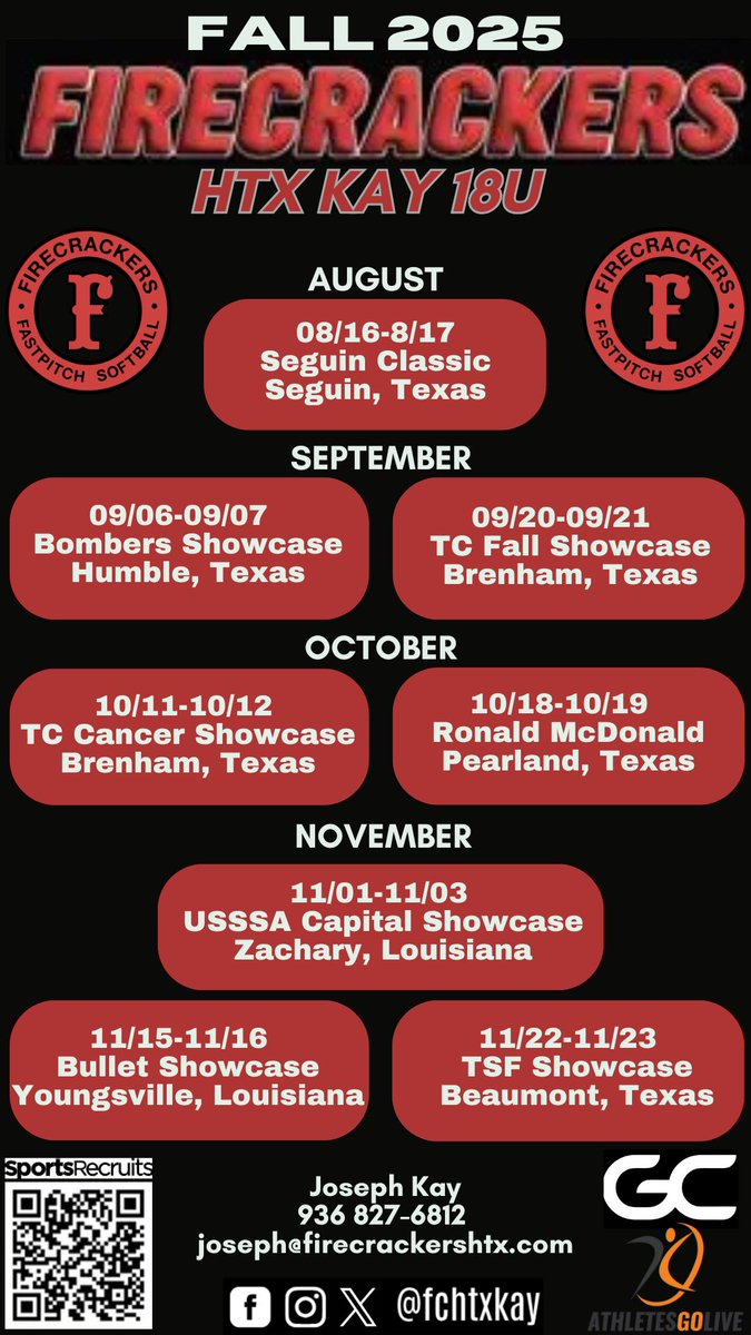 Payton Spurgin (@paytonspurgin20) on Twitter photo So excited to for the fall and my Firecrackers HTX Kay 18u team to hit the field. It is going to be Ana amazing season.
We will be in Seguin this weekend at Huber Ranch
Saturday 9:45am Field 5 vs Bombers Gold 18u HC
Saturday 1:15pm Field 2 vs STX Bombers Gold 08 16u
Saturday So excited to for the fall and my Firecrackers HTX Kay 18u team to hit the field. It is going to be Ana amazing season.
We will be in Seguin this weekend at Huber Ranch
Saturday 9:45am Field 5 vs Bombers Gold 18u HC
Saturday 1:15pm Field 2 vs STX Bombers Gold 08 16u
Saturday