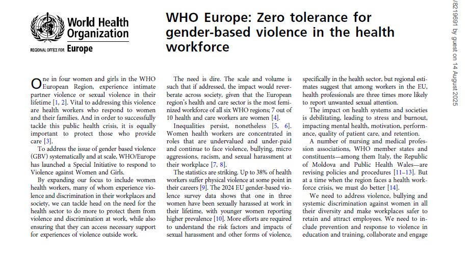 sulakshana (she/her) (@gluppschlopp) on Twitter photo .<a href="/WHO_Europe/">WHO/Europe</a> Editorial on Zero tolerance for gender-based violence in the health workforce academic.oup.com/eurpub/articleโฆ
More information on the Special Initiative on Violence against Women and Girls (SIVAWG) lnkd.in/dmYavi7T
#HealthWorkforce #GenderBasedViolence .<a href="/WHO_Europe/">WHO/Europe</a> Editorial on Zero tolerance for gender-based violence in the health workforce academic.oup.com/eurpub/articleโฆ
More information on the Special Initiative on Violence against Women and Girls (SIVAWG) lnkd.in/dmYavi7T
#HealthWorkforce #GenderBasedViolence