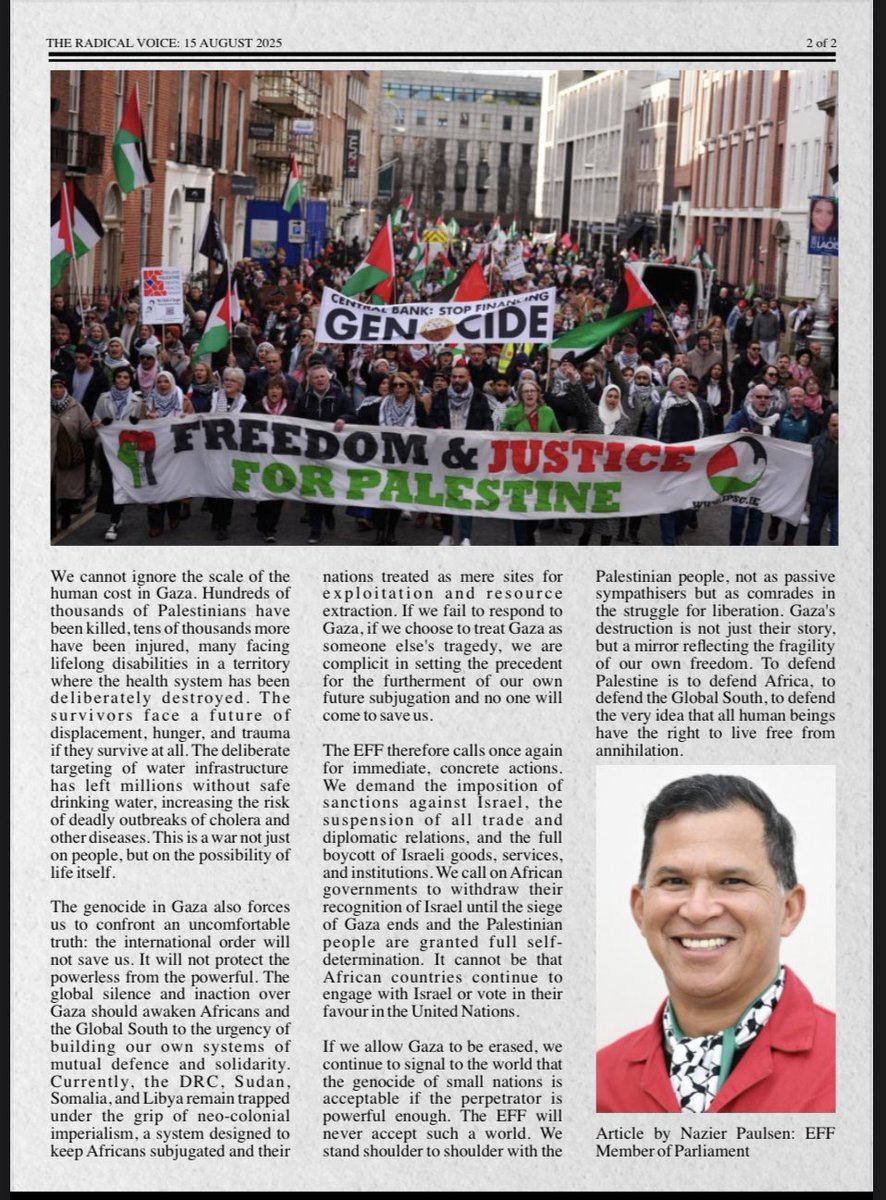 Economic Freedom Fighters (@effsouthafrica) on Twitter photo ♦️Must Read♦️
In this edition of The Radical Voice, the EFF’s <a href="/nazier_paulsen/">Nazier Paulsen</a> writes on how Gaza is facing the final phase of a genocide where entire neighbourhoods have been destroyed, millions displaced, and children are dying from deliberate starvation under Israel’s siege. ♦️Must Read♦️
In this edition of The Radical Voice, the EFF’s <a href="/nazier_paulsen/">Nazier Paulsen</a> writes on how Gaza is facing the final phase of a genocide where entire neighbourhoods have been destroyed, millions displaced, and children are dying from deliberate starvation under Israel’s siege.