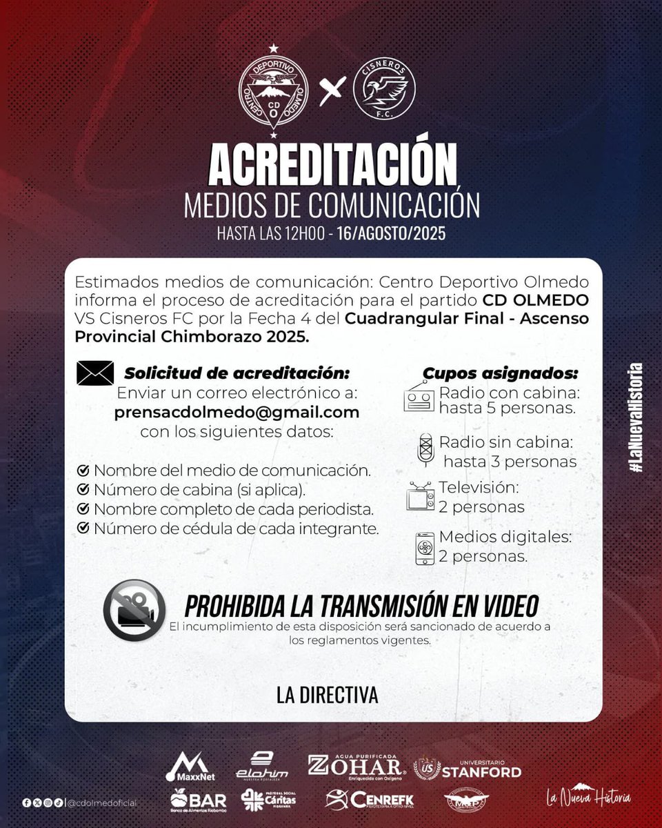 cdolmedoficial's tweet image. 📌 PROCESO DE ACREDITACION 🔴🔵
Centro Deportivo Olmedo vs Cisneros FC. 

#LaNuevaHistoria 
#CDOlmedo 
#CuadrangularFinal 
#AcreditacionMedios