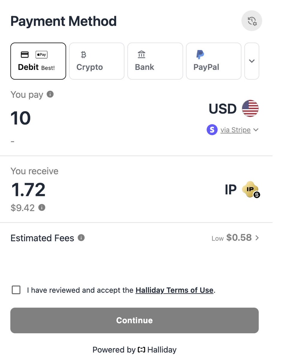 Add @apple wallet, @venmo, debit/credit card, @paypal, or bank onboarding to your DApp

It's the easiest way to let your users purchase $IP

Check out the tutorial below ↴