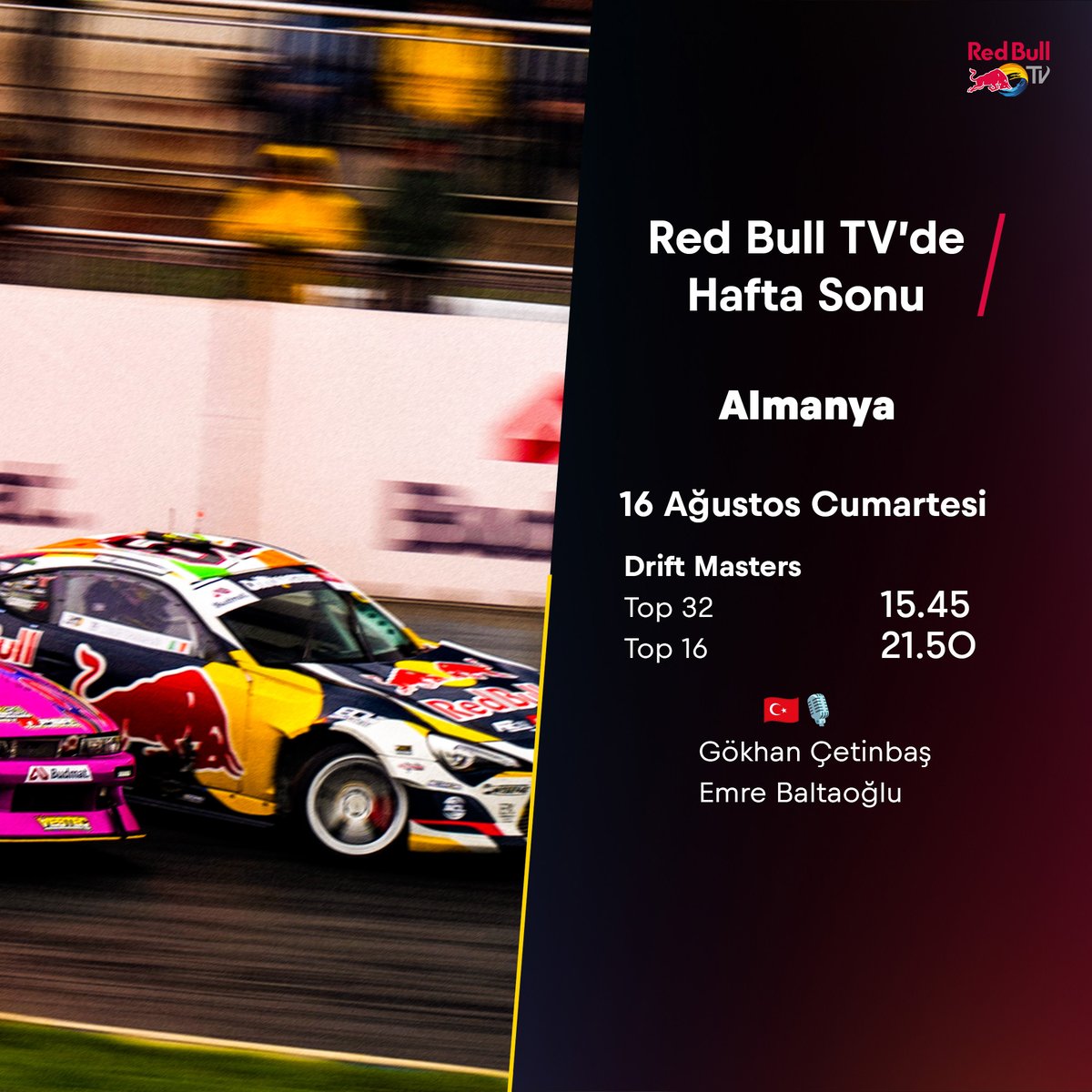 Red Bull TV'de Cumartesi programı!   
canlı ve ücretsiz seyretmek için👇

🎙️ <a href="/baltaoglou/">Emre Baltaoğlu</a> 
🎙️ <a href="/CETINBAS/">GOKHAN</a> 

redbull.com/tr-tr/events/d…

#RedBull #Kanatlandırııır