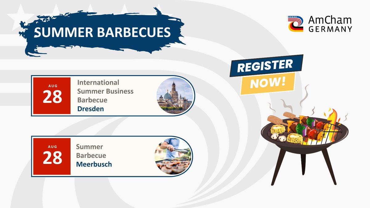 AmChamGermany's tweet image. It's that time of year again! 😎 Register now and join us at one of our annual summer #barbecues in #Dresden or #Meerbusch on August 28!

Register here: tinyurl.com/mpu2jra5