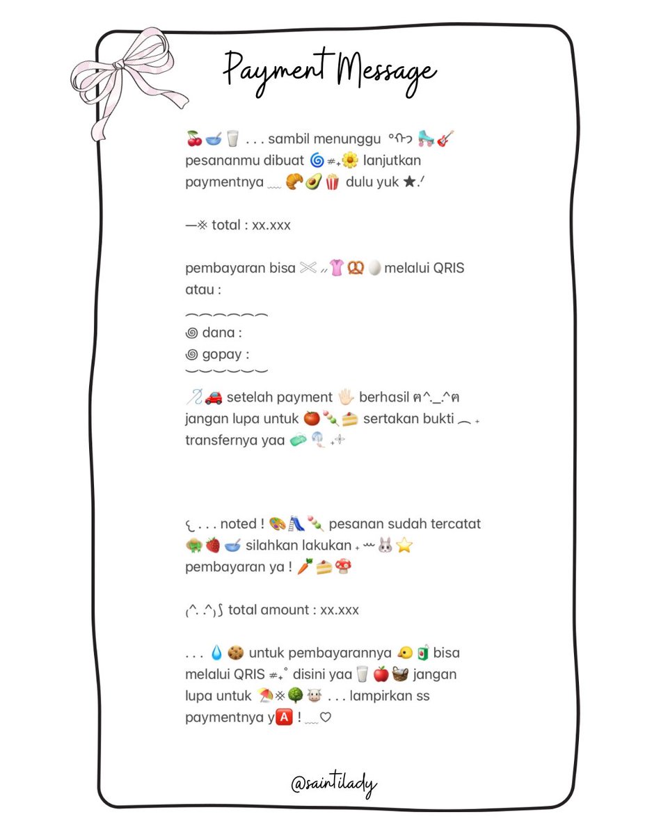 help repost? thank you! 🍭

haloo 👋🏻 aku bawa bio wording, payment dan thank you message untuk BA (ada buat BA robux) 🍏🧏🏻‍♀️ pricinya 3.500 dan 5.500 each yaaw ⭐️🍔🍒 bisa langsung jemput lewat DM yaaps 💕🍿🥕

#zonauang