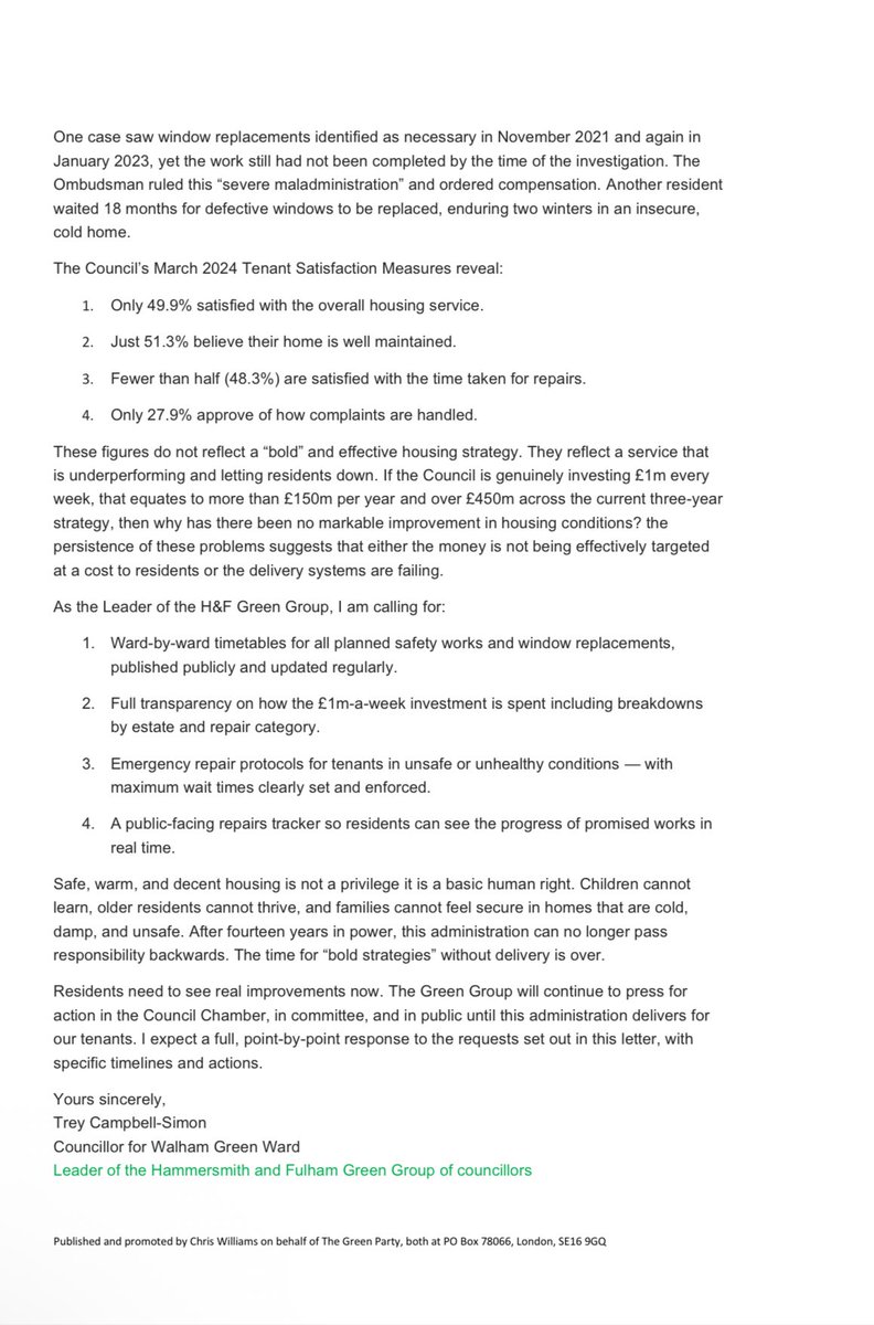 I have today written to Cllr Frances Umeh, H&amp;F’s Cabinet Member for Housing, demanding answers on the 12 years of HF Labour’s housing failure.

£1m a week spent, yet tenants are still living in cold, unsafe homes, and having to use duct tape to secure their windows 👇🏾