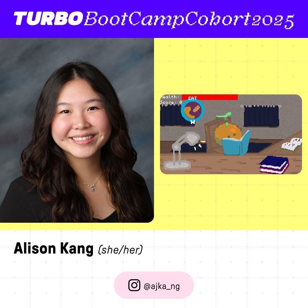 Turbo (@makegamesfast) on Twitter photo Welcome Ali Kang to the Turbo Bootcamp🌟 We first met during our workshop for <a href="/GirlsWhoCode/">Girls Who Code</a> ⚡
Later, we connected again at our game jam where she made a chillhop-inspired game about balancing study self-care❤️🩹
Thank you Ali for being part of our community! Welcome Ali Kang to the Turbo Bootcamp🌟 We first met during our workshop for <a href="/GirlsWhoCode/">Girls Who Code</a> ⚡
Later, we connected again at our game jam where she made a chillhop-inspired game about balancing study self-care❤️🩹
Thank you Ali for being part of our community!