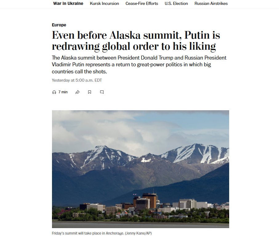 Szczyt w Anchorage między  Trumpem a Putinem jeszcze przed rozpoczęciem wzmacnia rosyjski cel przebudowy globalnego ładu bezpieczeństwa, przywracając logikę „wielkiej polityki mocarstw”, w której największe państwa decyduje o kwestiach międzynarodowych.
archive.ph/6OpAD
