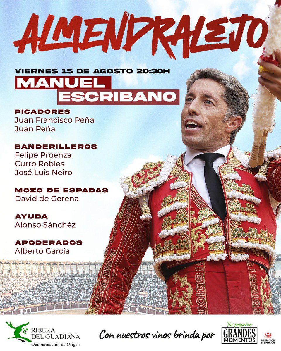 🔜👥 𝗖𝗨𝗔𝗗𝗥𝗜𝗟𝗟𝗔𝗦 que acompañan hoy a Antonio Ferrera, el Fandi y Manuel Escribano (20:30H)

👉🏻🎟️ ¡𝗨́𝗟𝗧𝗜𝗠𝗔𝗦 𝗘𝗡𝗧𝗥𝗔𝗗𝗔𝗦! En las taquillas o en tauroemocion.com