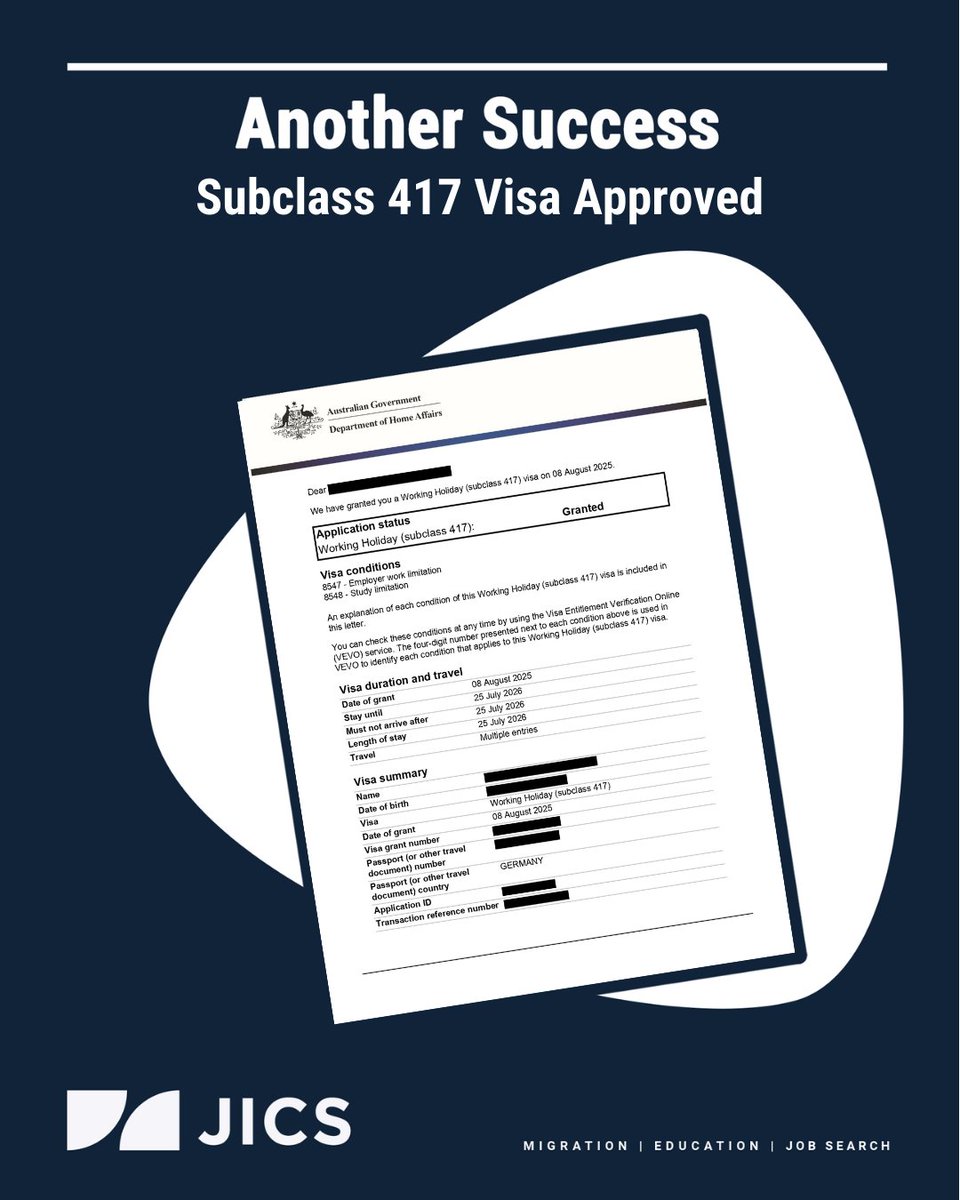 jicsaustralia's tweet image. Another visa approved! ✅
Our client’s Subclass 417 Working Holiday Visa is granted.
Your Aussie adventure could be next — we can help make it happen.
#Subclass417 #VisaSuccess #JICSAustralia

MARN: 2218006