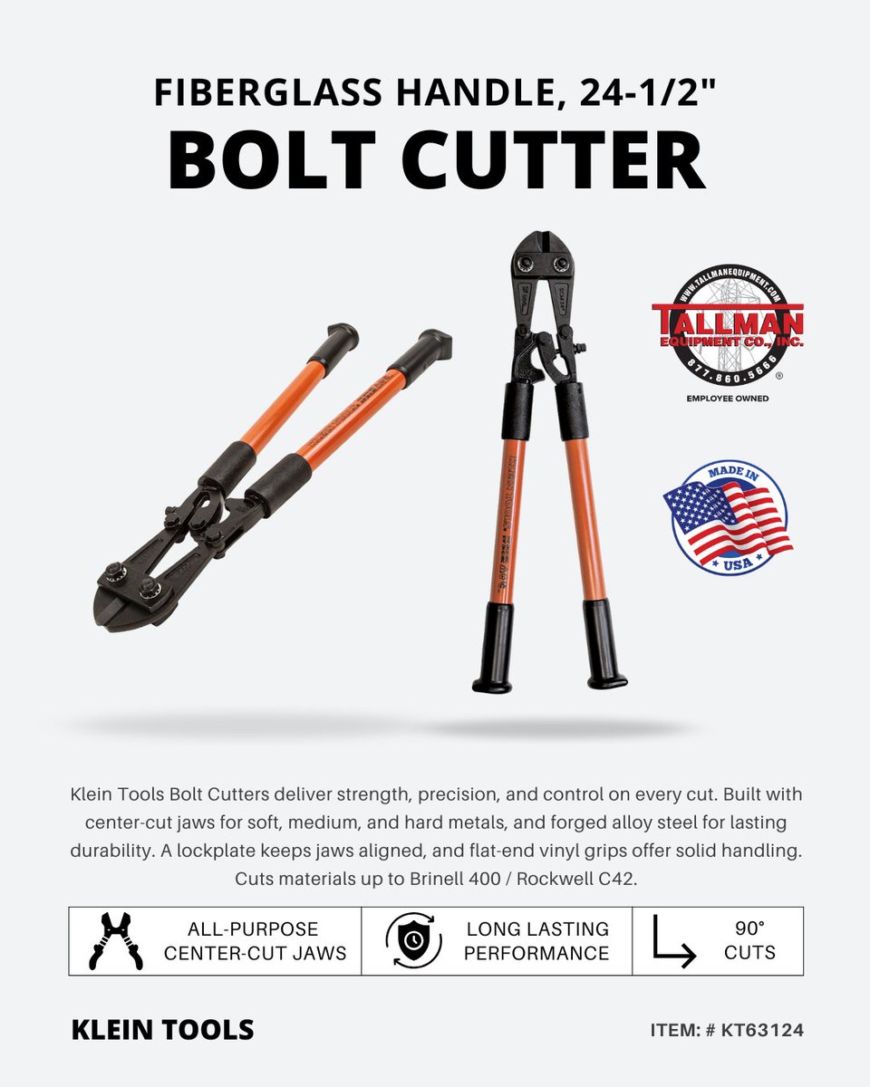 Klein Tools Bolt Cutters

🧰 Fiberglass handles built to take a beating
🔒 Lockplate keeps jaws aligned and secure
📏 Cuts up to Brinell 400 / Rockwell C42

Precision every time.

Check the link below ⚙️
tallmanequipment.com/product/klein-…

#featuredproduct #boltcutter #kleintools