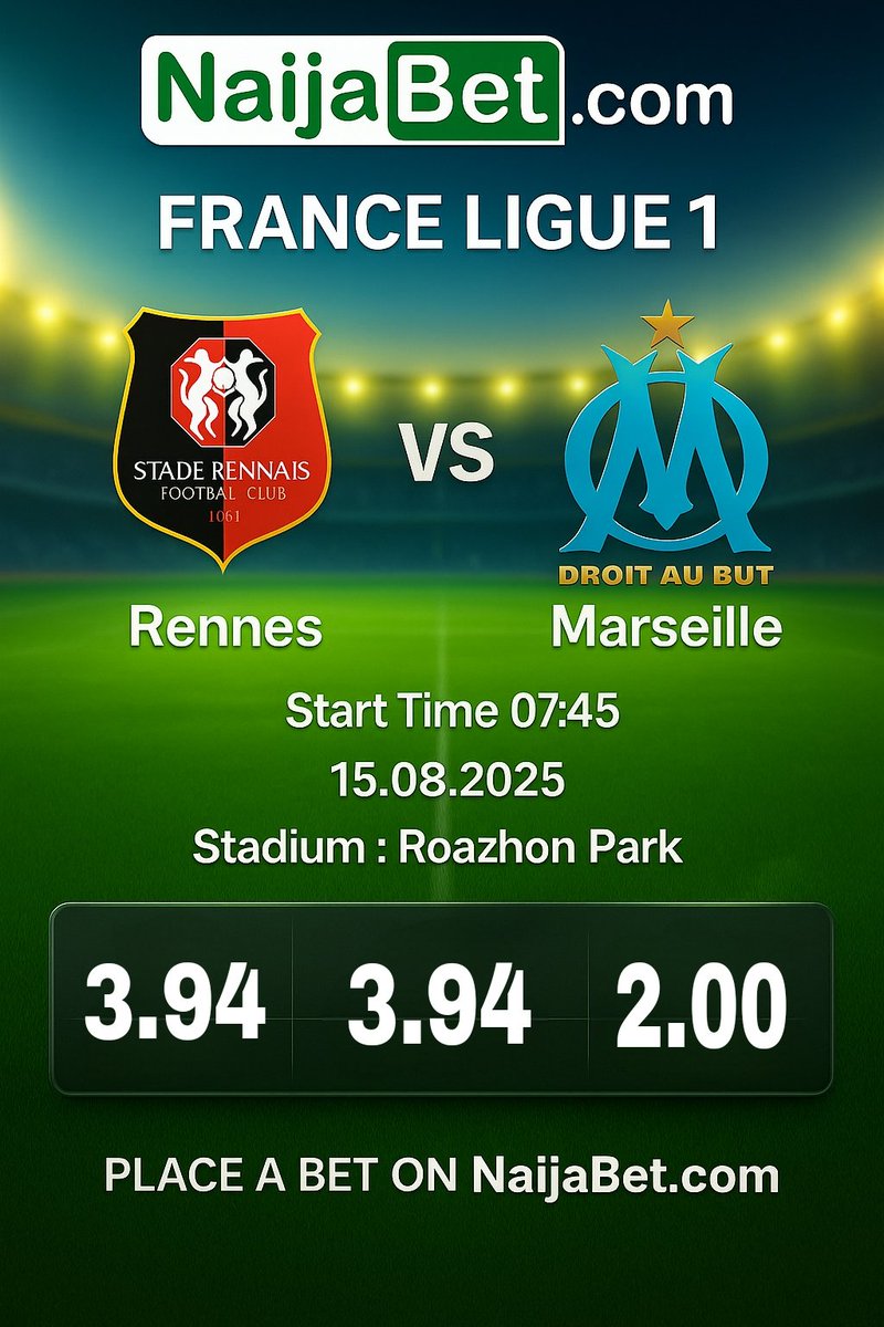 NaijaBet's tweet photo. France Ligue 1
Rennes 3.90 odds
Draw 3.90 odds
Marseille 2.00 odds
Bet now on 👉https://t.co/kz0UZ1fn72
#FatoyinboForUnity #Ligue1 FOOTBALL IS BACK Ayo Babalola #PremierLeague Chelsea Mercy Chinwo #NaijaBet Wilson Billionaires Club Olamide https://t.co/RmQqUDGlBd