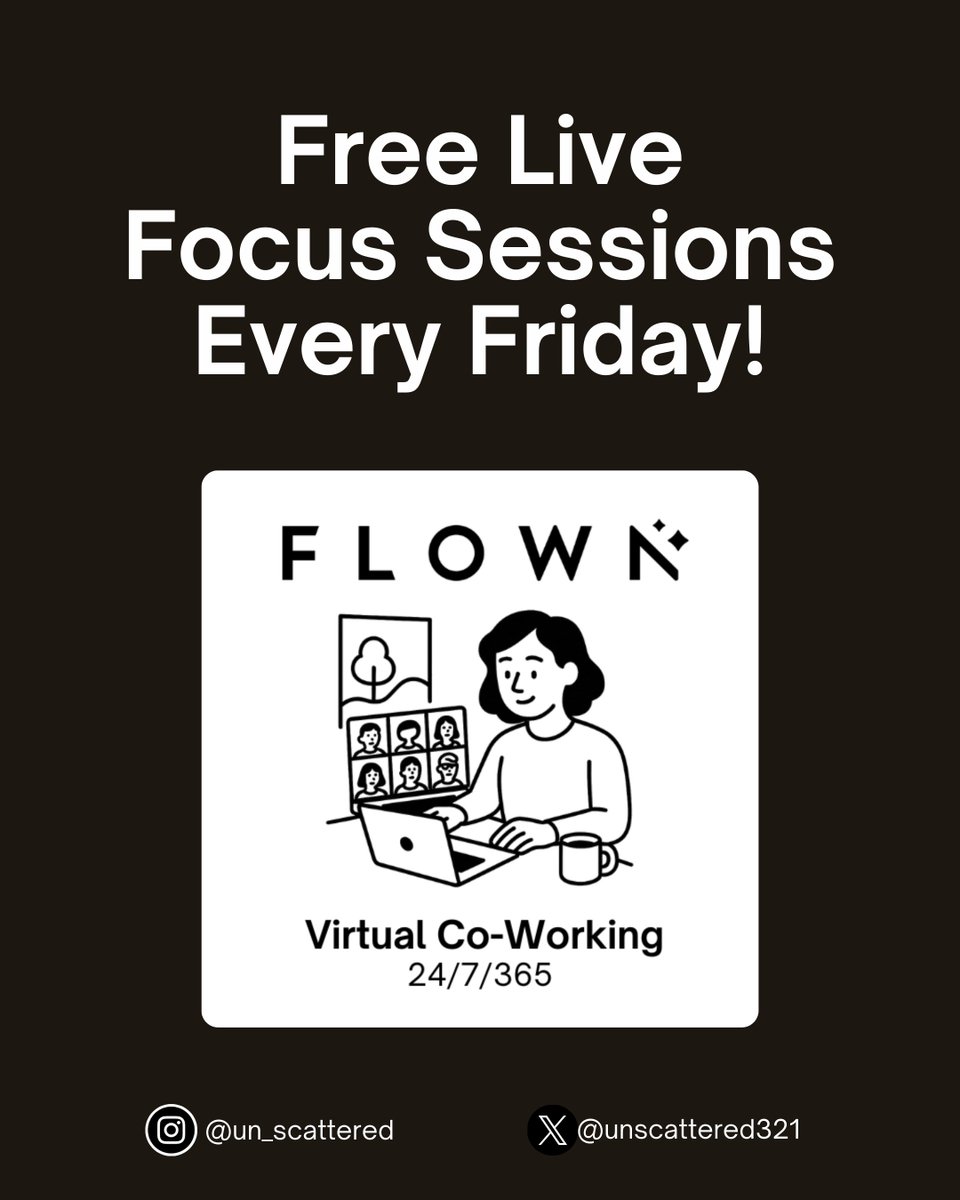 Free focus Fridays are here!

#flown_space gives you full access to their live, guided focus sessions every Friday. Join from anywhere, work alongside others, and finally get through that to-do list.

tinyurl.com/x-flown

#bodydoubling #adhdhacks #productivity #focusfriday
