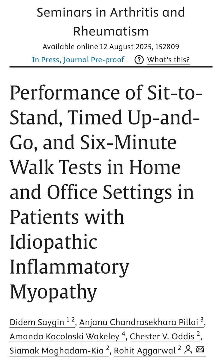 Our recent study  <a href="/seminarthrheum/">Seminars in Arthritis and Rheumatism</a> demonstrated good measurement properties for sit to stand and timed up and go tests when self-performed by patients with #myositis at home, while six min walk distance was significantly lower at home compared to office

sciencedirect.com/science/articl…