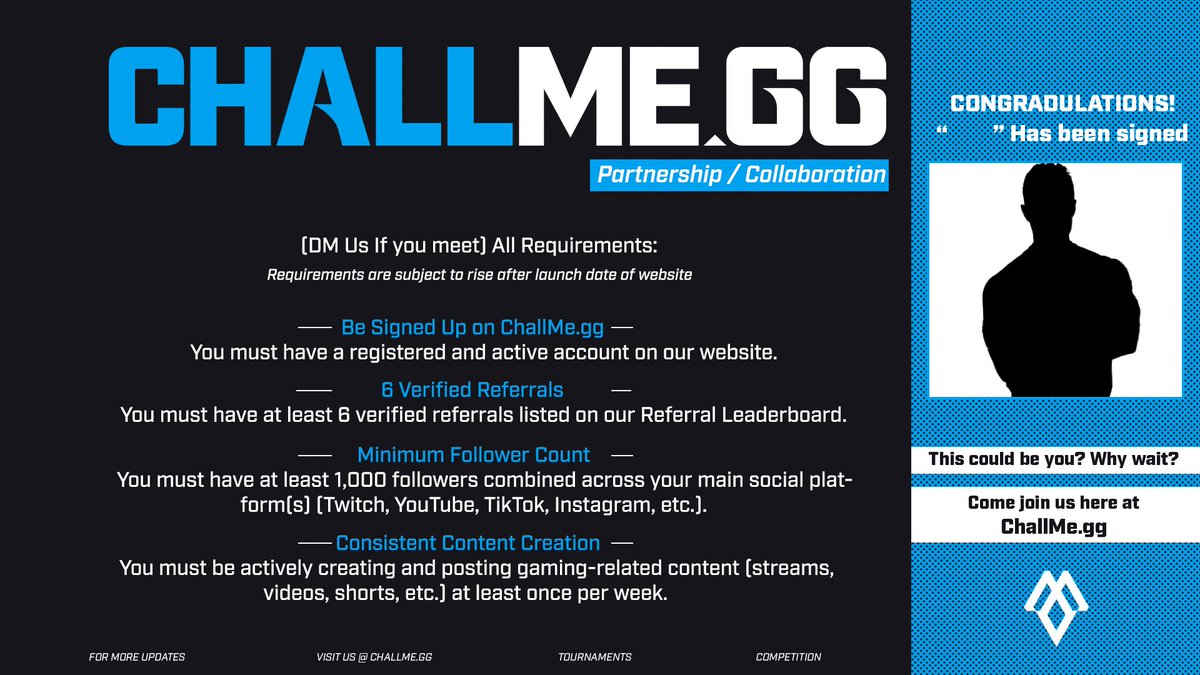 We are looking for partnerships / collaborations! Retweet or share with someone you feel like deserves an opportunity.

Please review the information below carefully. If you meet the requirements, make a support ticket in our discord server! 

#ChallMe #Partnerships #Esports
