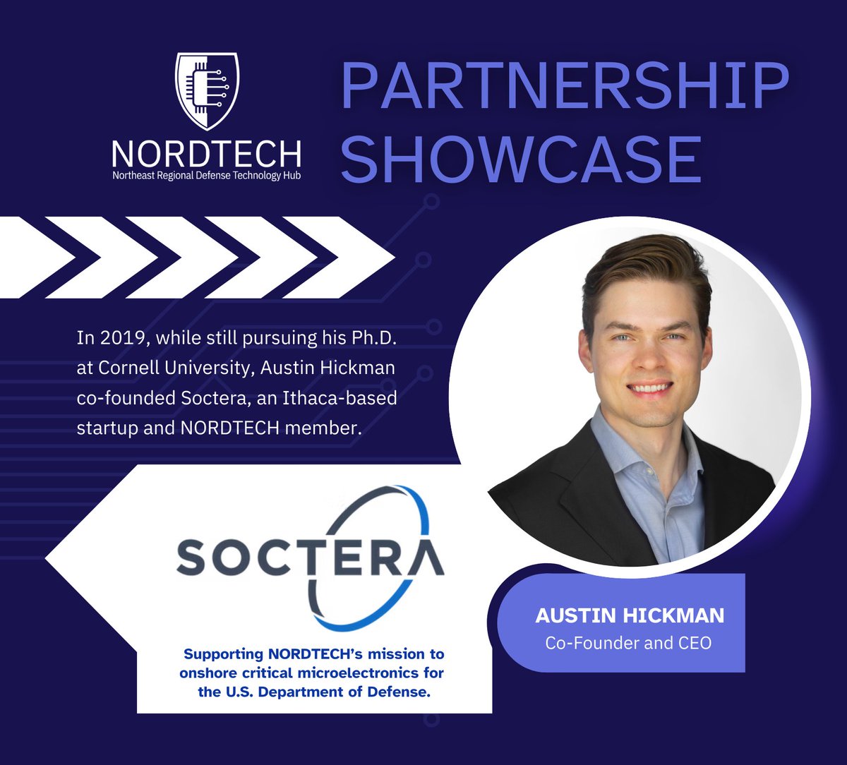 Northeast Regional Defense Technology Hub (@nordtechub) on Twitter photo 🤝 Partnership Showcase: As a member of <a href="/NORDTECHub/">Northeast Regional Defense Technology Hub</a>, Soctera is helping advance domestic microelectronics. Co-founded by <a href="/Cornell/">Cornell University</a>'s PhD student Austin Hickman, Soctera is redefining power amplifier technology for the DoD.
🧷 Read the full Q&A here: bit.ly/3Ur8P7P 🤝 Partnership Showcase: As a member of <a href="/NORDTECHub/">Northeast Regional Defense Technology Hub</a>, Soctera is helping advance domestic microelectronics. Co-founded by <a href="/Cornell/">Cornell University</a>'s PhD student Austin Hickman, Soctera is redefining power amplifier technology for the DoD.
🧷 Read the full Q&A here: bit.ly/3Ur8P7P