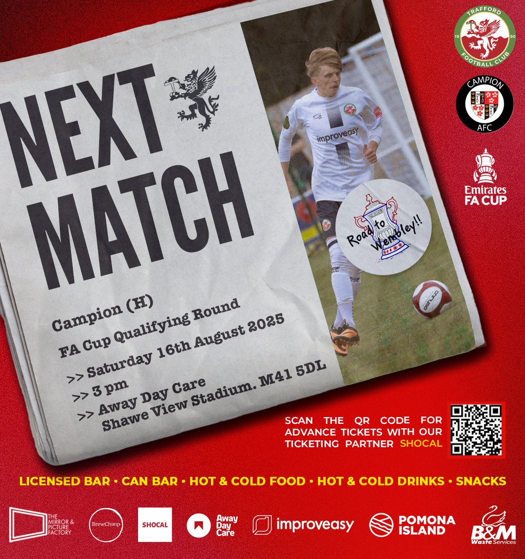 FCTrafford's tweet photo. It's back tomorrow #FACupFever We welcome CampionFC to @awaydaycaremcr Shawe View for our 2nd #EmiratesFACup qualifier of 25/26 #RoadToWembley k.o.3pm 16/8/25 gates open at 1. All facilities bars/food etc open! Family atmosphere๐ football for the people by the people CU there! https://t.co/biHCnom5AS