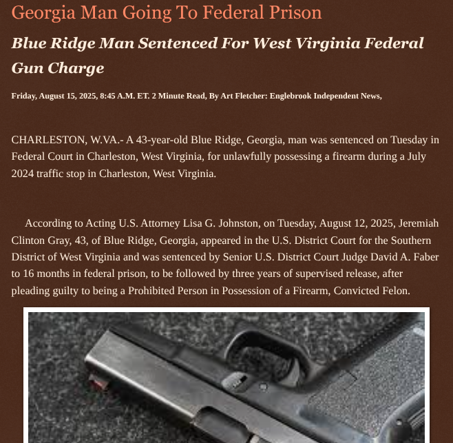 ArtFletcher9's tweet photo. Georgia Man Going To Federal Prison https://t.co/S68syTF4L3 via @Englebrooknews #CrimeNews #westvirginia #charlestonwv #Georgia #blueridgega #federal #prison #firearms #convicted #felon #tennessee @wireless_step @HRG_Media @LodiNJNews @SugarMAGA @fordmb1 @SarahGeving1 @Shannon96574094 @Daytobehappy @janninereid1 @MichelleF_35 @gator4kb18 @TrumpWasRite @KathyKbrose @RobGerundo @JimBobW49