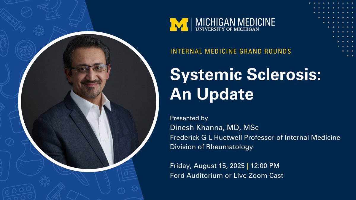 UMIntMed's tweet image. Join us today at 12 pm for Grand Rounds on &quot;Systemic Sclerosis: An Update&quot; presented by @sclerodermaUM, professor in the Division of Rheumatology.

Learn more: medschool.umich.edu/departments/in…