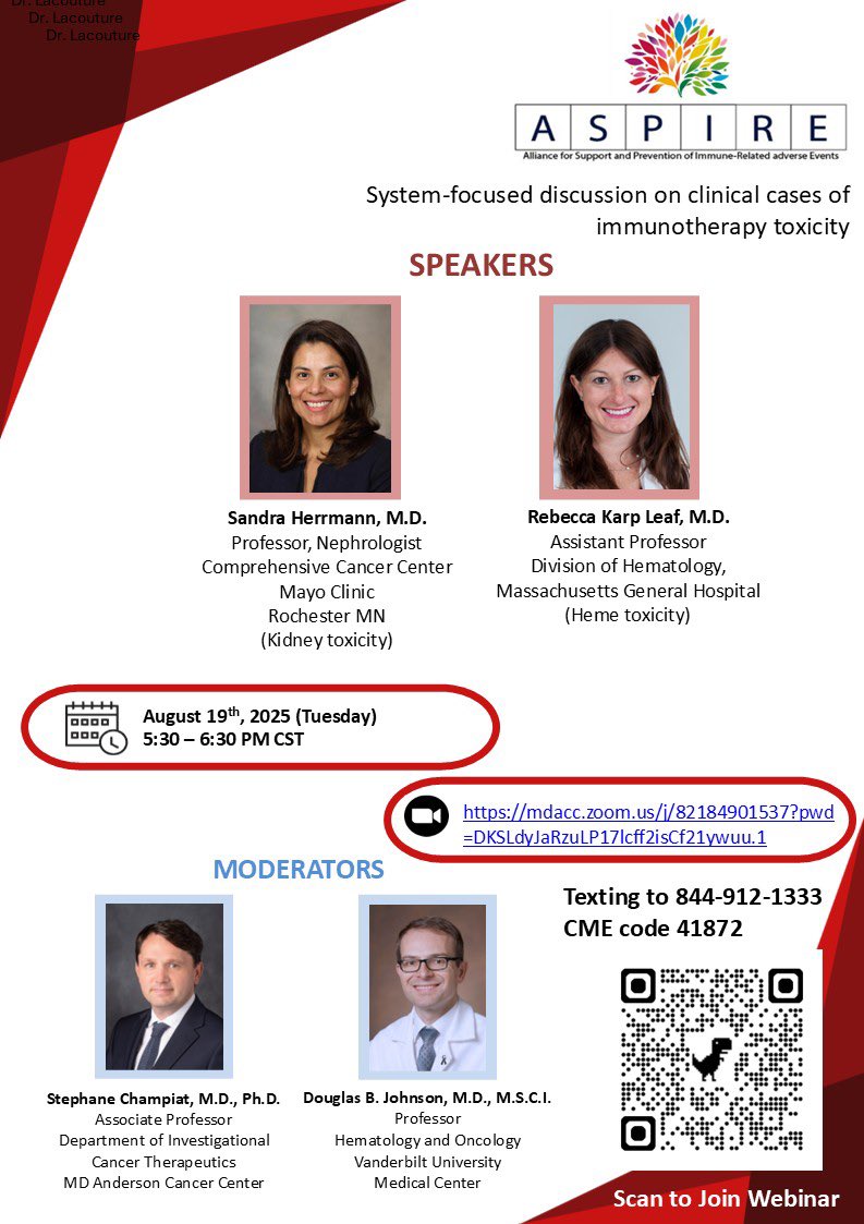 Chinese American Gastroenterology Association (@cagastrohep) on Twitter photo Excited to introduce the next ASPirE national IRAE Case Discussion Forum led by Dr Yinghong Wang <a href="/MDAndersonNews/">MD Anderson Cancer Center</a> on August 19th.
Dr. Leaf <a href="/Rsk2003/">Rebecca Karp Leaf, MD</a> and Dr. Herrmann <a href="/HerrmannMd/">Sandra Herrmann MD, FASN</a> will be presenting exciting cases on hematologic and renal toxicity. Seize the great opportunity! 🤗🩸💉 Excited to introduce the next ASPirE national IRAE Case Discussion Forum led by Dr Yinghong Wang <a href="/MDAndersonNews/">MD Anderson Cancer Center</a> on August 19th.
Dr. Leaf <a href="/Rsk2003/">Rebecca Karp Leaf, MD</a> and Dr. Herrmann <a href="/HerrmannMd/">Sandra Herrmann MD, FASN</a> will be presenting exciting cases on hematologic and renal toxicity. Seize the great opportunity! 🤗🩸💉