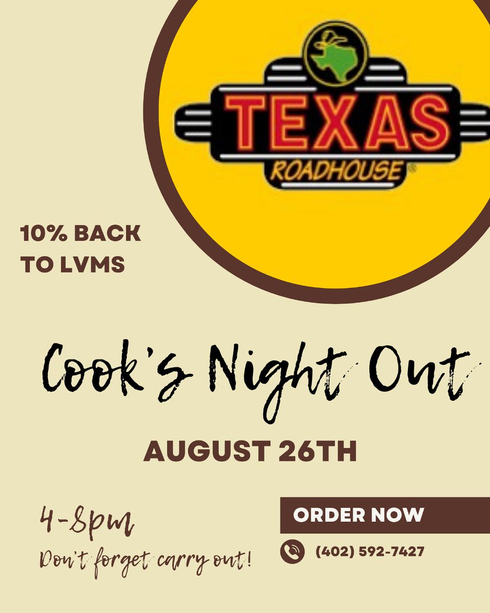 Take a night off from cooking and enjoy a delicious meal from Texas Roadhouse while also supporting LaVista Middle School on August 26th from 4-8pm!
