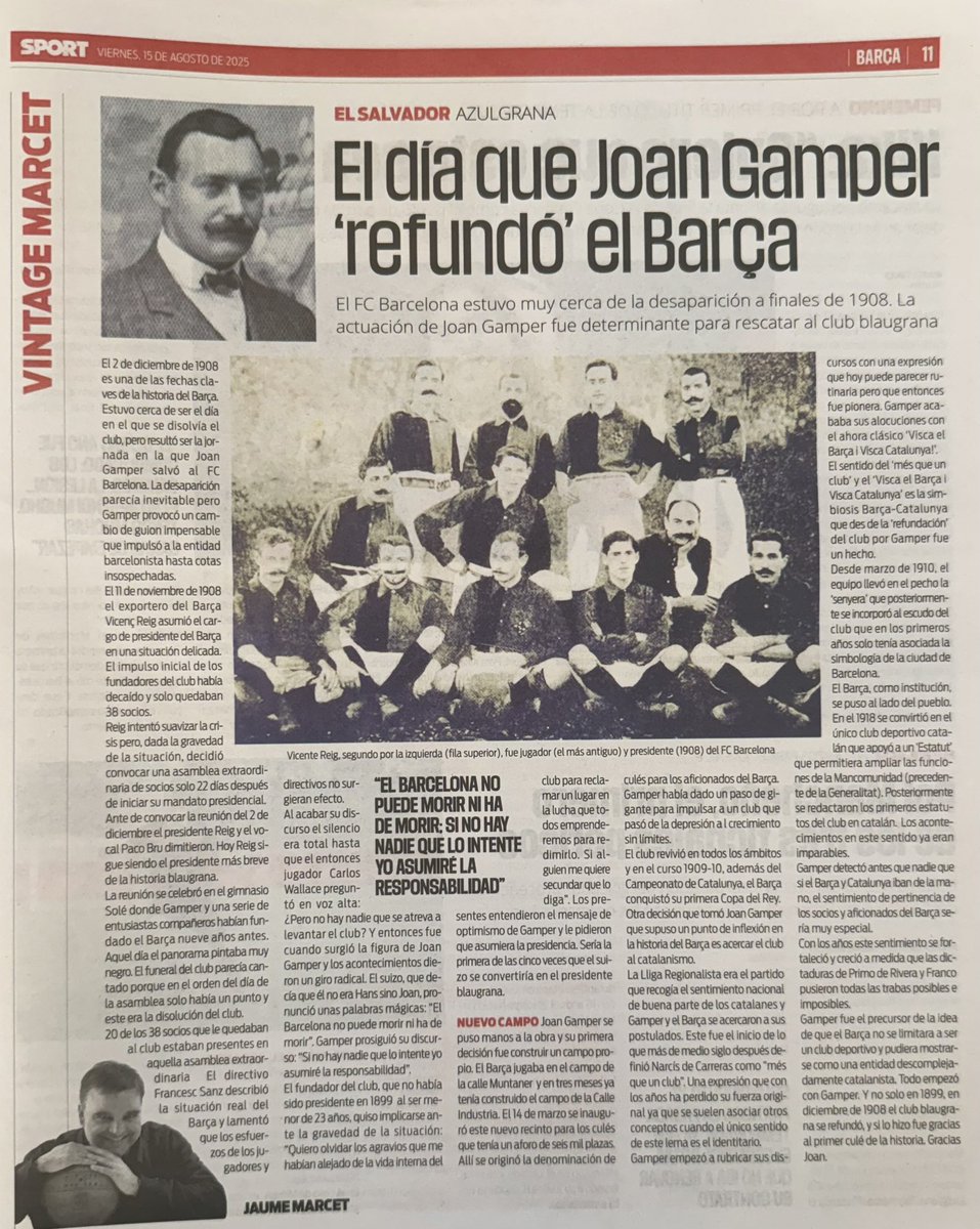 Hoy en <a href="/sport/">Diario SPORT</a>, El dia que Gamper refundó el Barça. En 1908, el ex portero del club Vicente Reig, asumía la presidencia del <a href="/FCBarcelona_cat/">FC Barcelona</a>. Quedaban solo 38 socios. Al poco dimitió y Gamper se postuló como presidente para que el club no desapareciera. Escrito por <a href="/jaumemarcet/">Jaume Marcet</a>