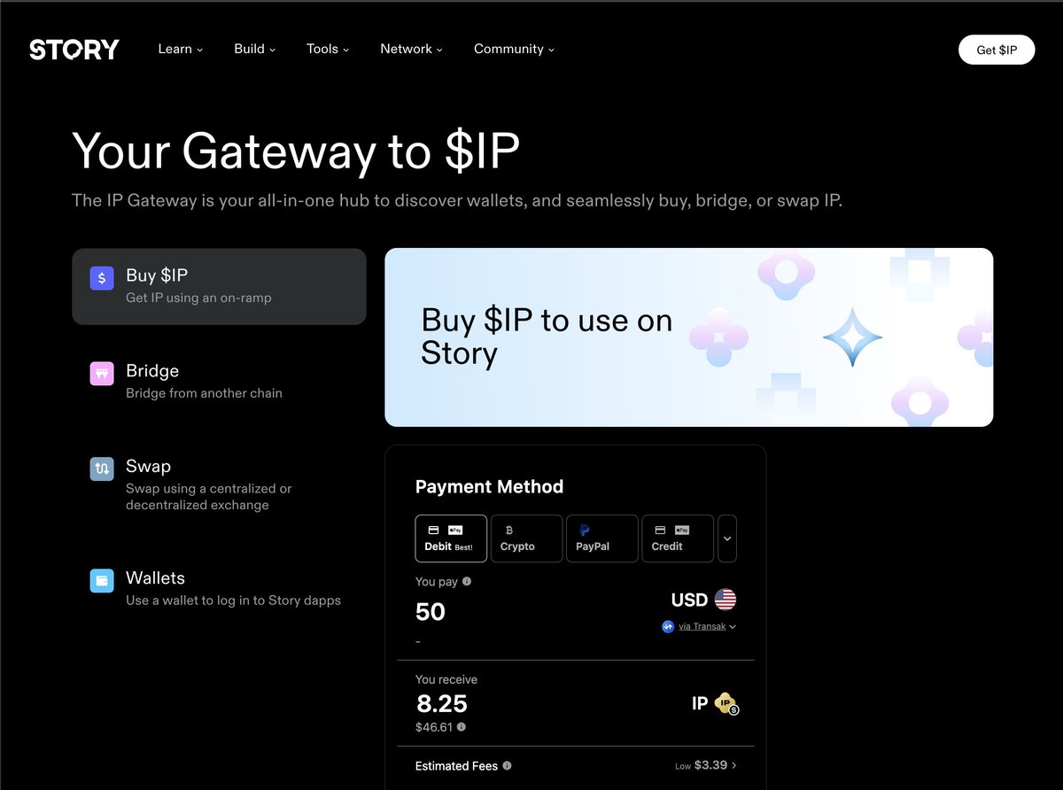 Lots of people are jumping into the Story ecosystem with all the recent momentum and apps like <a href="/ipdotworld/">ip.world</a>.

But it also uncovered a big flaw on our homepage. 

We got feedback that it was confusing for newcomers how to get IP with fiat, as well as where to bridge.

So in 48