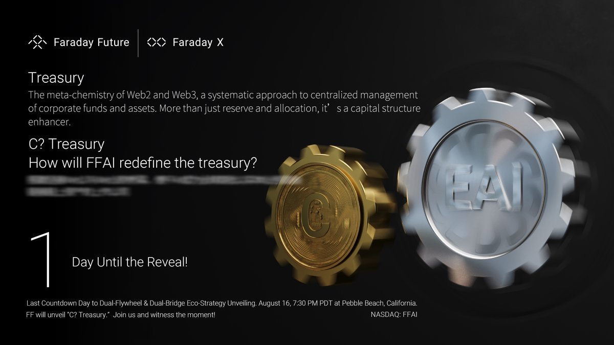 Faraday Future (@faradayfuture) on Twitter photo Faraday Future Reminds the Public That it Will Announce a Major Strategy Upgrade With its Dual-Flywheel & Dual-Bridge Eco Strategy on August 16th, at Pebble Beach.
1 ๐๐ฎ๐ ๐๐ผ ๐๐ผ: ๐๐๐ฎ๐น-๐๐น๐๐๐ต๐ฒ๐ฒ๐น & ๐๐๐ฎ๐น-๐๐ฟ๐ถ๐ฑ๐ด๐ฒ ๐๐ฐ๐ผ ๐ฆ๐๐ฟ๐ฎ๐๐ฒ๐ด๐ ๐จ๐ป๐๐ฒ๐ถ๐น๐ถ๐ป๐ด Faraday Future Reminds the Public That it Will Announce a Major Strategy Upgrade With its Dual-Flywheel & Dual-Bridge Eco Strategy on August 16th, at Pebble Beach.
1 ๐๐ฎ๐ ๐๐ผ ๐๐ผ: ๐๐๐ฎ๐น-๐๐น๐๐๐ต๐ฒ๐ฒ๐น & ๐๐๐ฎ๐น-๐๐ฟ๐ถ๐ฑ๐ด๐ฒ ๐๐ฐ๐ผ ๐ฆ๐๐ฟ๐ฎ๐๐ฒ๐ด๐ ๐จ๐ป๐๐ฒ๐ถ๐น๐ถ๐ป๐ด