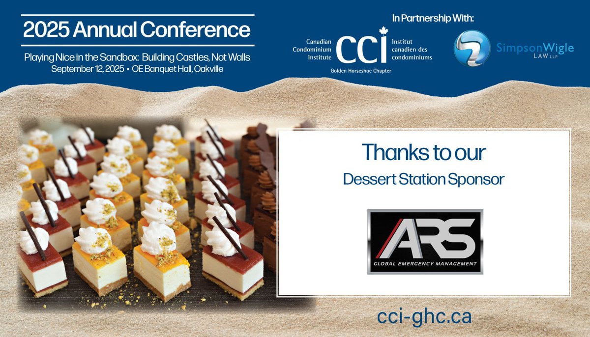 Big thanks to ARS/Global Emergency Management for sponsoring our Dessert Station at the 2025 Conference!

Your support helps make this event even sweeter!

#CCIGHC2025 #condoliving #condodirectors #condoconference #oakville