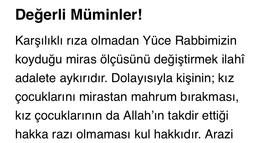diyanet bugünkü cuma hutbesinde yüzbinlerce erkeğe, kız çocukların mirastan yarım pay alması gerektiğini söyledi.