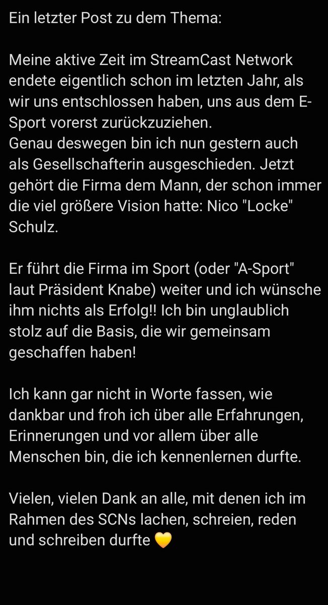 Seit gestern habe ich keinen Euro mehr in den E-Sport investiert 🫡

tl;dr: Vielen, vielen Dank an alle, mit denen ich im Rahmen des SCNs lachen, schreien, reden und schreiben durfte 💛