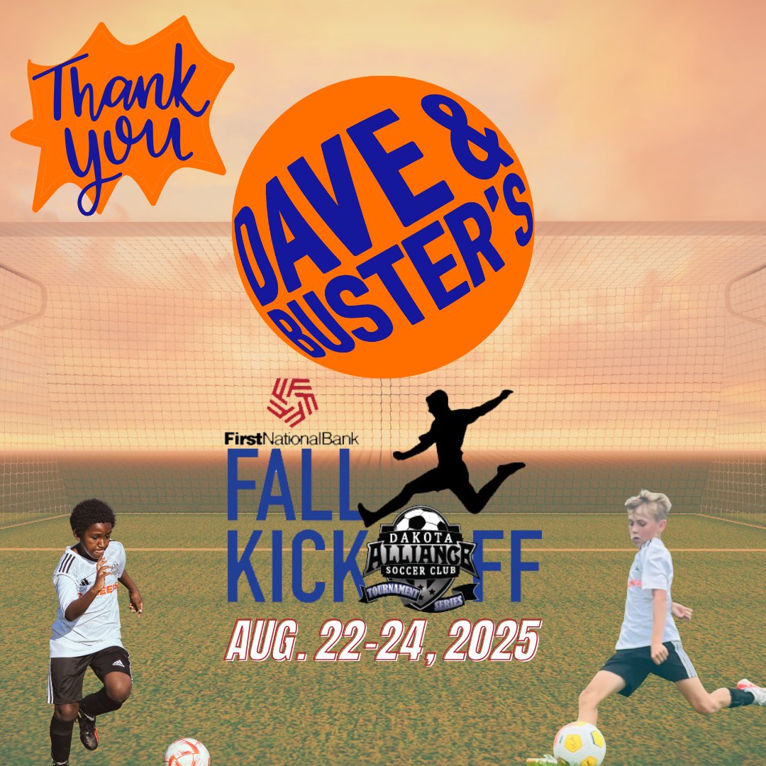 Dakota_Alliance's tweet image. Big shoutout to our Fall Kickoff Tournament sponsor
Dave &amp;amp; Buster's - Sioux Falls
—you’re the real MVP! 🏆 
Your support keeps the game strong and the community united.
#fallkickoff
#morethanatournament