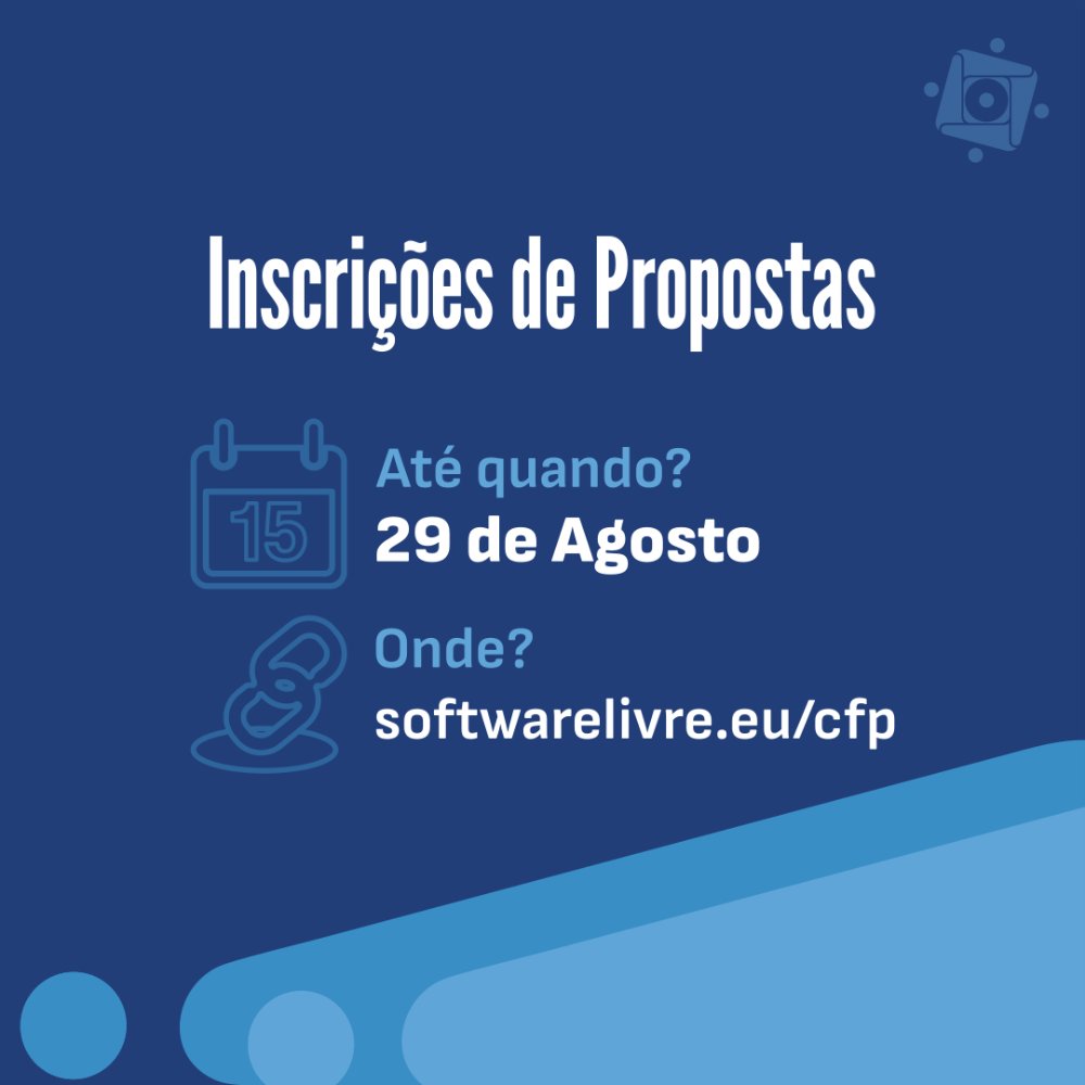 Nova data limite para a Chamada de Propostas!
Tens até dia 29 de Agosto para submeter a tua proposta de Apresentação, Oficina, etc.
Envia a tua proposta:
festa2025.softwarelivre.eu/cfp

#FSL25 #FestaSoftwareLivre