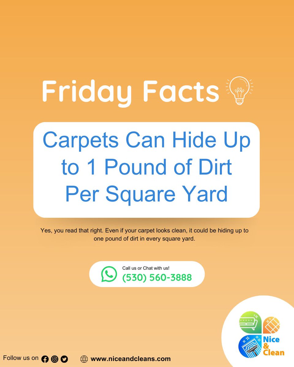 Yes, you read that right. Even if your carpet looks clean, it could be hiding up to one pound of dirt in every square yard.

Call us or Chat with us on Whatsapp: (530) 560-3888 | (415) 941-8921
Visit: niceandcleans.com

#SanFrancisco #FridayVibes