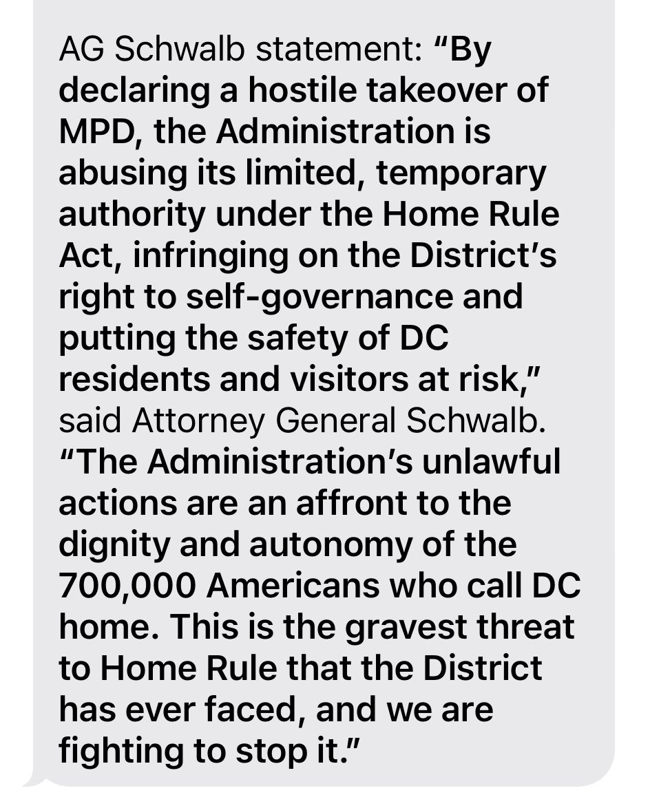Martin Austermuhle (@maustermuhle) on Twitter photo NEWS: <a href="/DCAttorneyGen/">AG Brian Schwalb</a> is suing the Trump administration in federal court over a recent move to take day to day control of MPD. The lawsuit calls the move the “gravest threat to Home Rule that the District has ever faced.” NEWS: <a href="/DCAttorneyGen/">AG Brian Schwalb</a> is suing the Trump administration in federal court over a recent move to take day to day control of MPD. The lawsuit calls the move the “gravest threat to Home Rule that the District has ever faced.”