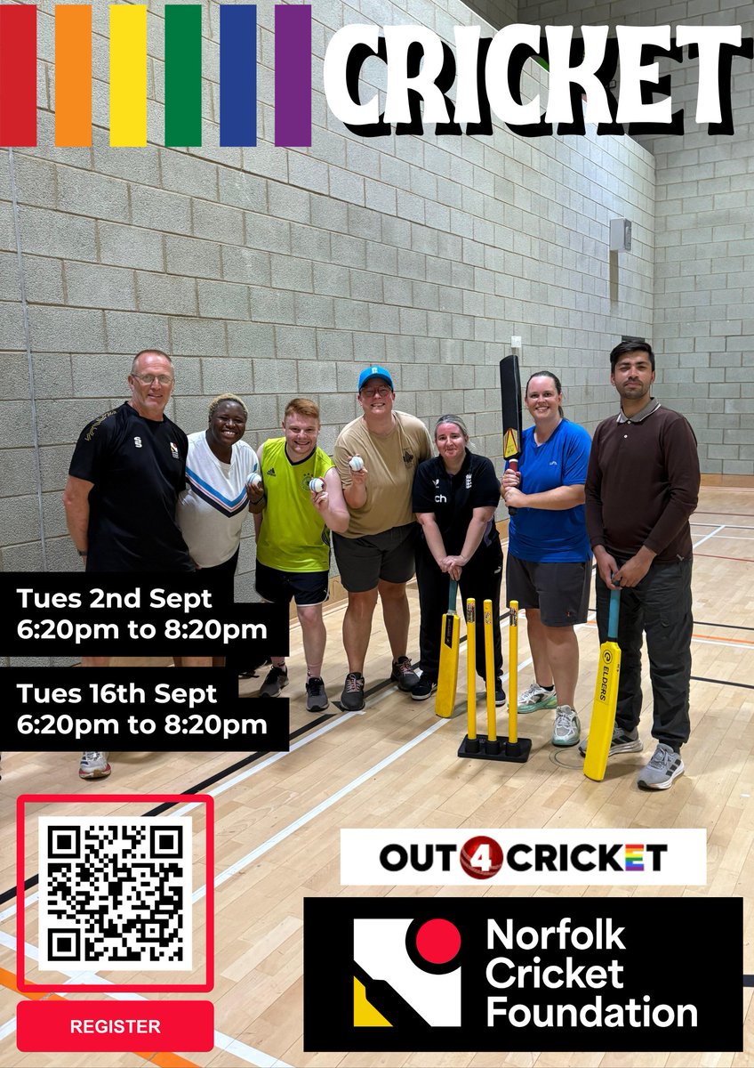 NorfolkCricket's tweet photo. We hosted our first softball LGBTQ+ Cricket Session at UEA Sportspark on Monday evening!

We have two more free sessions planned for September 2025 in partnership with Out4Cricket - Sign up today!

Details &amp; Registration 🔗 https://t.co/gmqcRPK0zO https://t.co/4JHCjdL9zQ