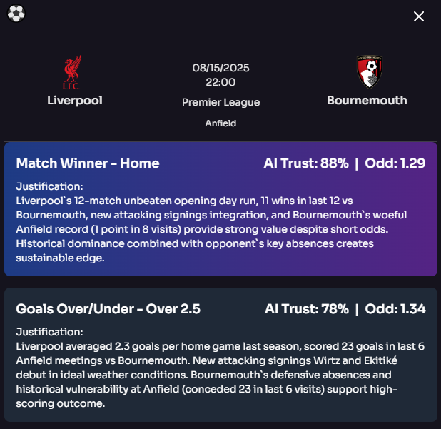 getsmartips's tweet photo. 🔥 Premier League is BACK!

We kick things off at Anfield — Liverpool vs Bournemouth.

Our platform is buzzing for this new season in England, loaded with winning tips for our community. 🏆⚽

Today’s 🔥 Predictions:
Match Winner – Home ✅ AI Trust: 88% | Odd: 1.29
Goals Over 2.5 ✅ AI Trust: 78% | Odd: 1.34

📊 Liverpool’s incredible opening day record + Bournemouth’s struggles at Anfield = pure betting gold.
💡 VIP members get full match breakdowns & premium tickets.

👉 Join us before kick-off and make your bets smarter.
#BettingExpert #PremierLeague #SmartBets #WinningBets #TipsterLife #DailyPrediction #PL #EPL #Premier_League #PremierLeague