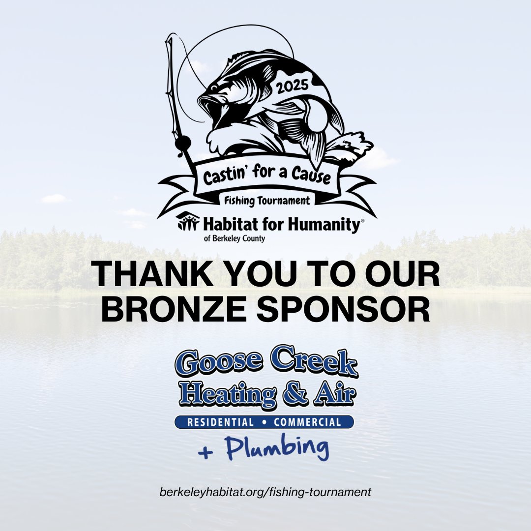 HFHBerkeley's tweet photo. Shoutout to our Bronze Sponsor for our Fishing Tournament, Goose Creek Heating &amp; Air!

Join us on Friday, October 3rd at Cypress Gardens Boat Landing for our second annual Castin' For a Cause Fishing Tournament! For more information, email dawn@berkeleyhabitat.org. https://t.co/qvKO4oldK5