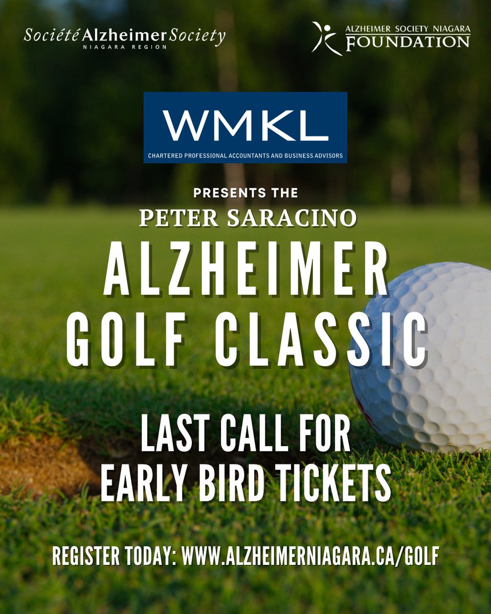 Last chance to get your Early Bird tickets for the Peter Saracino Alzheimer Golf Classic, presented by <a href="/WMKL_LLP/">WMKL LLP</a>
⁠
Until August 19, tickets are only $250 per person

alzheimerniagara.ca/golf⁠

#AlzGolfClassic #AlzheimerNiagara #Charity #Golf #Alzheimer #Dementia #Niagara