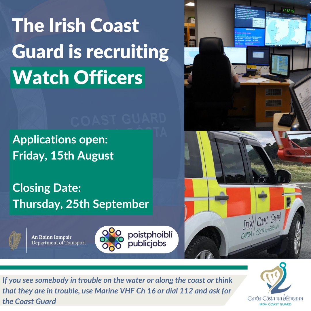 🚨 We're Hiring!
Join the Irish Coast Guard as a Watch Officer – help save lives along Ireland’s coast.

📅 Opens: Fri 15 Aug
⏳ Closes: Thurs 25 Sept
🔗 bit.ly/4lxqjKG

#IrishCoastGuard #WatchOfficer #EmergencyServices #JoinOurTeam