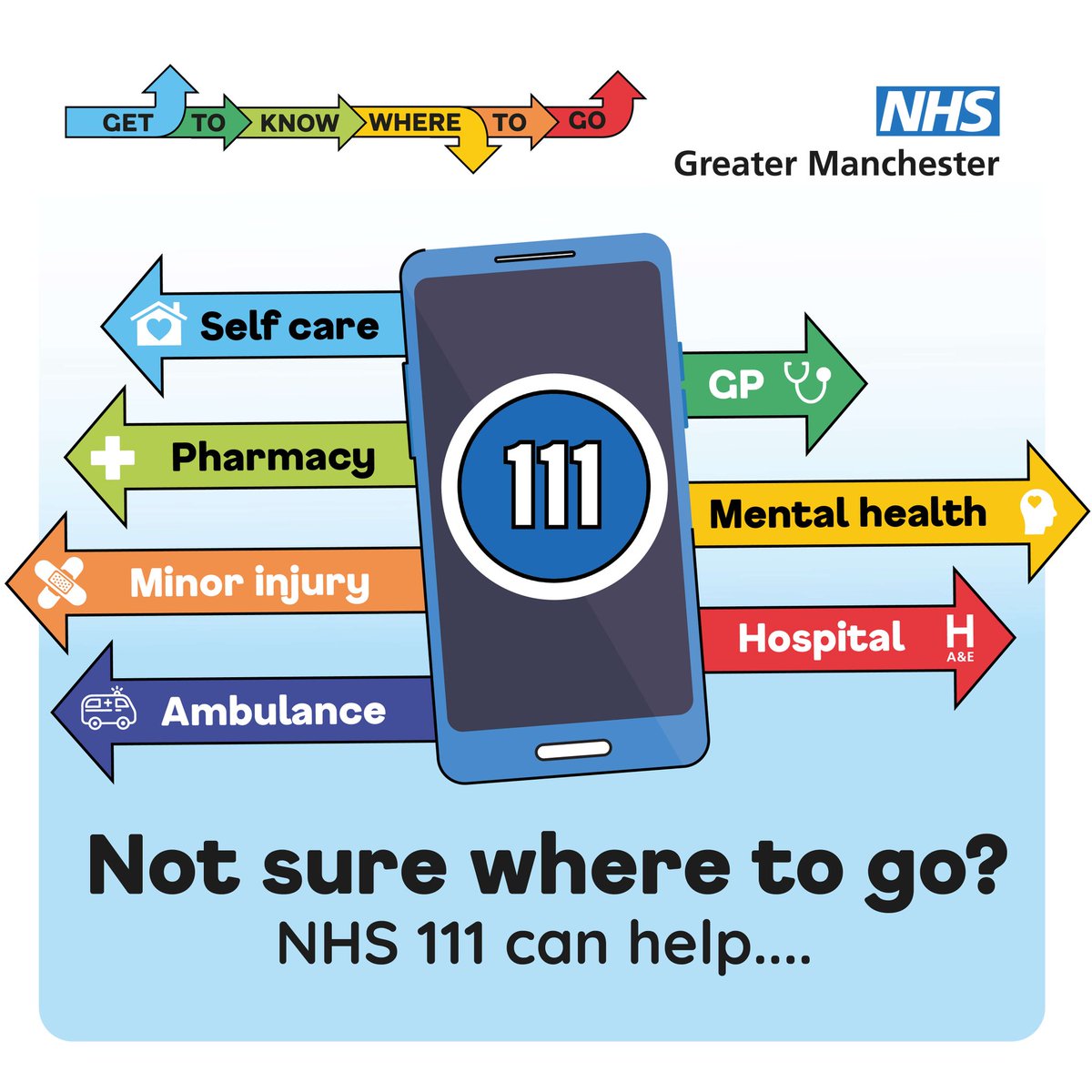 Not sure where to get medical help?

Think NHS 111 – available 24/7.

Call 111 FREE (ages 5+)

Search ‘NHS 111’

Use the NHS App

NHS 111 SignVideo is available for BSL users. Text relay also available 18001 111.

#GTKWTG