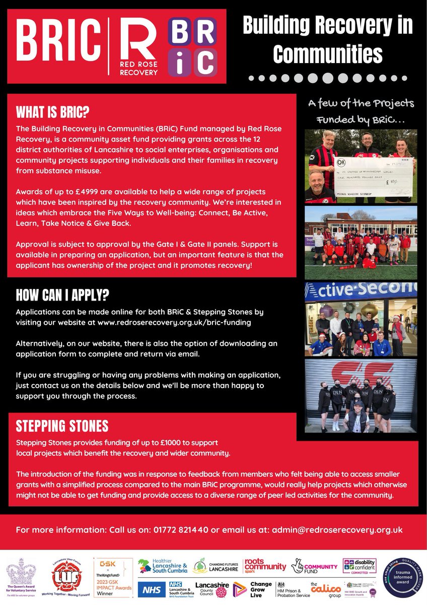BRIC &amp; Stepping Stones funding is available for individuals and groups in Lancashire.
Start a community group, launch a project, make a difference! Apply online: buff.ly/es2mJnS #Funding #Lancashire