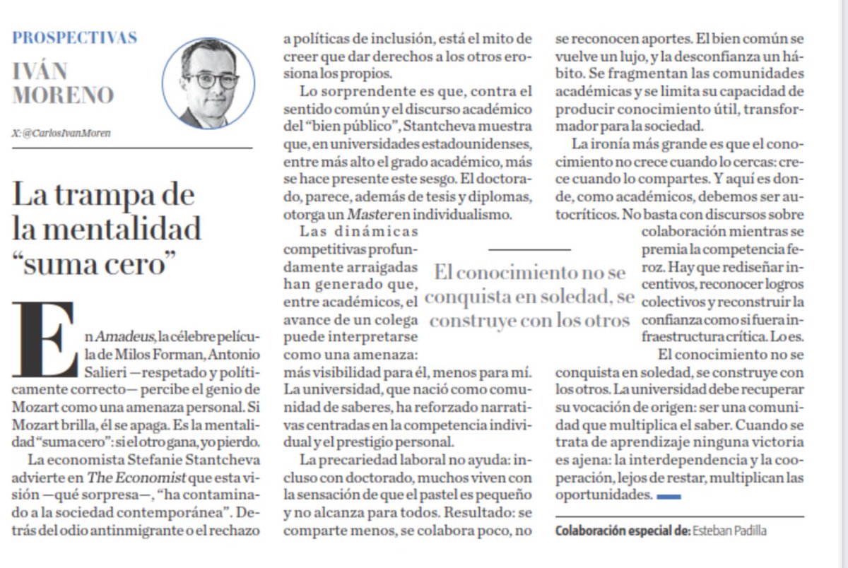 La trampa de la mentalidad “suma cero” -si el otro gana, yo pierdo-, ha permeado en la sociedad contemporánea, y en las universidades…🏛️

La universidad, que nació como comunidad de saberes, ha reforzado narrativas e incentivos centrados en la competencia individual.

Se