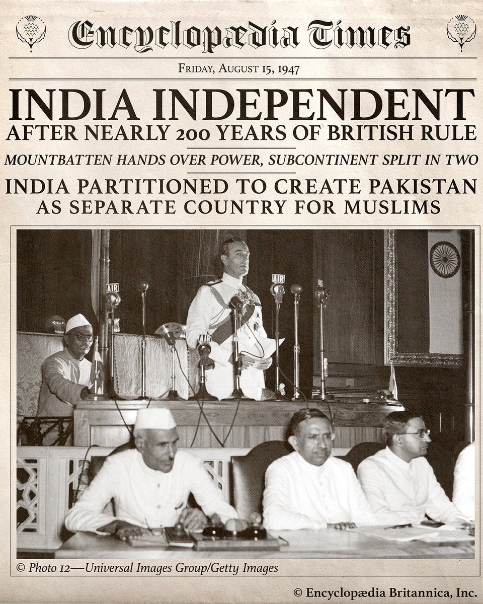 Britannica's tweet photo. On August 15, 1947, India became free after two centuries of British rule. 

Independence was achieved by a collective effort that was extraordinary in scale and intensity. https://t.co/BOJE7eDdXe