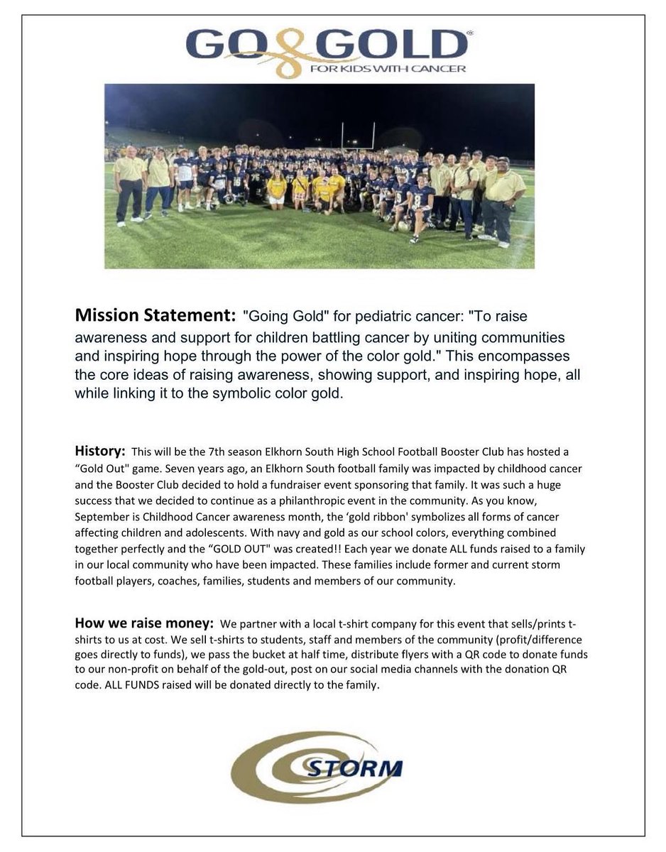 We are looking for corporate Sponsors to help with our Elkhorn South Football Gold Out for Pediatric Cancer. The event is September 25th at our home football game. ***This year we have 3 kids fighting cancer in our community that we will be giving 100% of the proceeds. 🎗️🏈