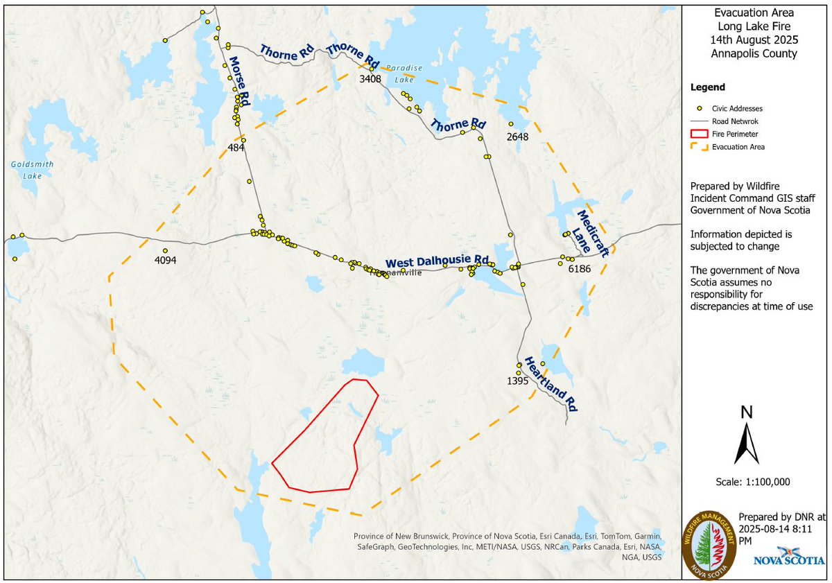 Updated map with current evacuation area and relative size of the Long Lake fire in West Dalhousie, Annapolis County. 

Fire is out of control and estimated at 406 hectares. Map will be updated as the situation changes. 

For a larger version, please visit novascotia.ca/.../Long-Lake-…