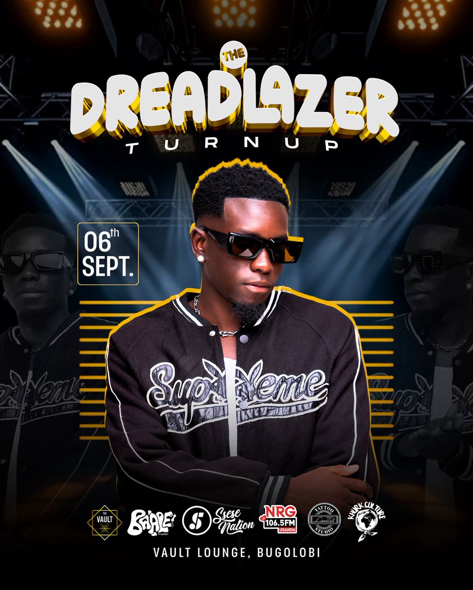 The stage won’t be ready for this heat!🔥THE DREAD LAZER TURN UP on 6th Sept at Vault Lounge Bugolobi. Energy HIGH, vibes LOUD, and the night? UNFORGETTABLE! 🔥🎶”

Come Ready to Loose Your Breathe!🙌🏽
<a href="/dreadlazerdj/">TheBeast</a> <a href="/VaultUg/">VAULT UG</a> <a href="/LinusTats/">Linustats Tattoo Studio</a> 
#NRGRadioUG #TheDreadLazerTurnUp