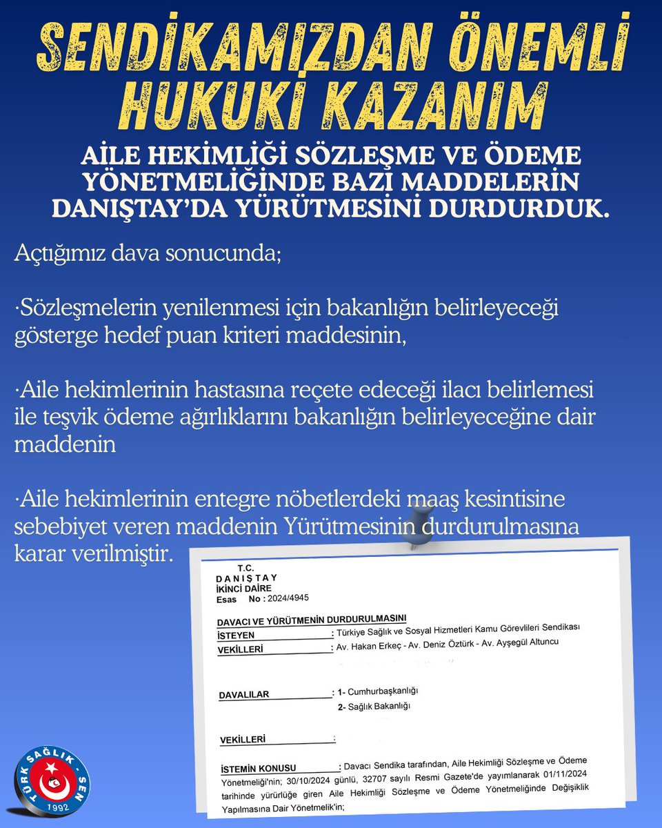 Kazanımın Adresi Olmaya Devam Ediyoruz
Aile Hekimliği Sözleşme ve Ödeme Yönetmeliğinin bazı maddelerinin yürütmesini açtığımız dava ile durdurduk

Mahkeme kararı ve iptal edilen maddelerle ilgili detaylı değerlendirme haberimizde⬇️
turksagliksen.org.tr/sendikamizdan-…