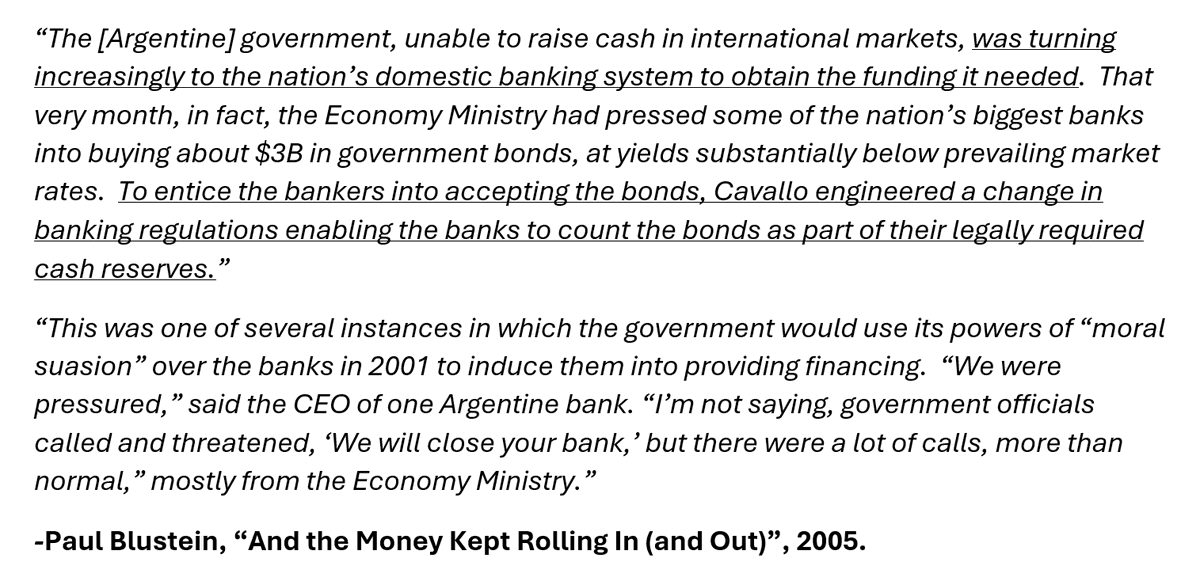 <a href="/pineconemacro/">𝐏𝐢𝐧𝐞𝐜𝐨𝐧𝐞 𝐌𝐚𝐜𝐫𝐨</a> <a href="/matcasey/">Mathew Casey</a> Blustein's book (title below) was a good one too.  IMO we are going to get a version of this 👇 on USD stablecoins vis a vis banks and MMF's